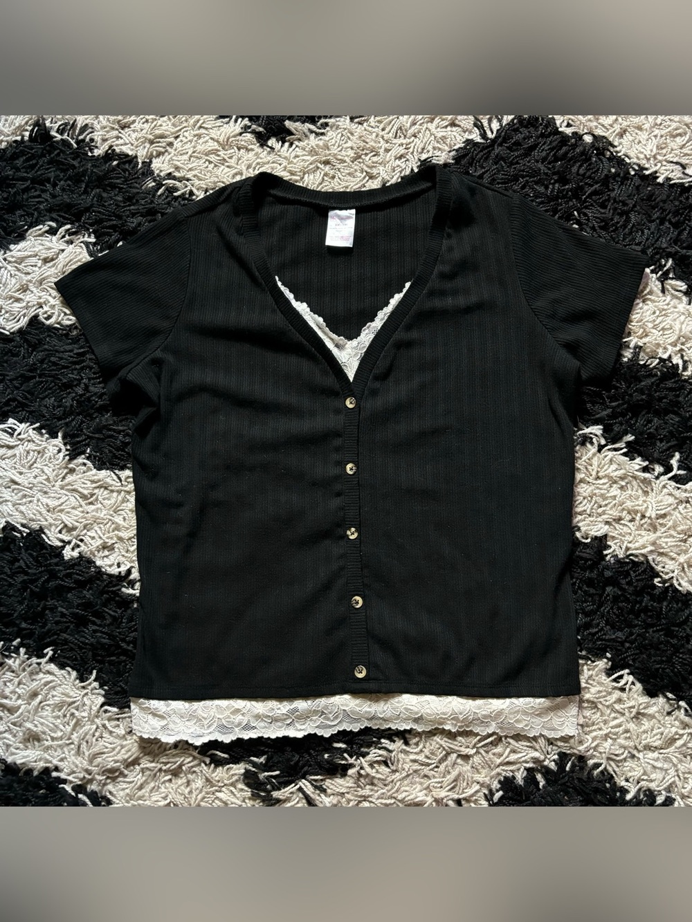 No Boundaries Coquette Black Ribbed V-Neck White Lace Hem Short Sleeve Shirt